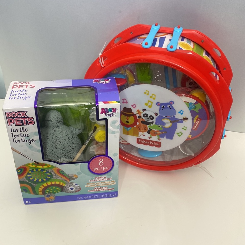 NWT Alex Craft Rock Pets Turtle Craft Kit 8 Piece & NWT Rainforest Band Drum Set
